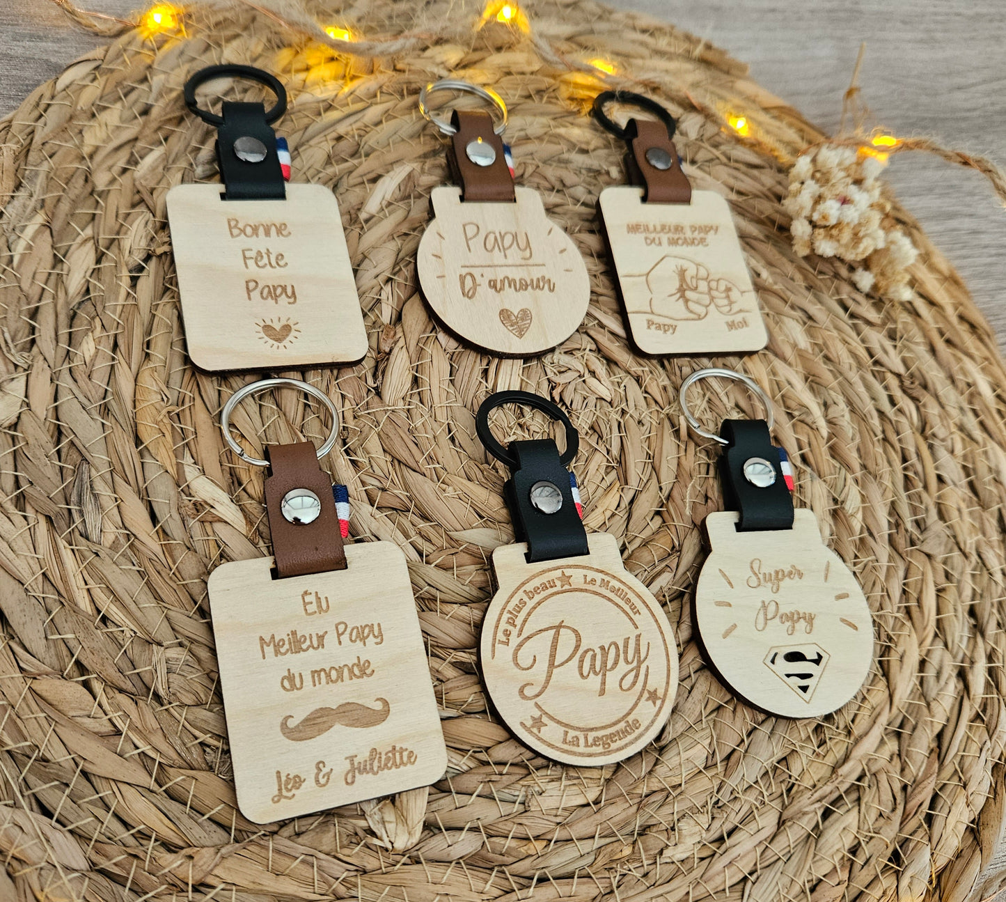 Porte-clés papy personnalisable bois et cuir