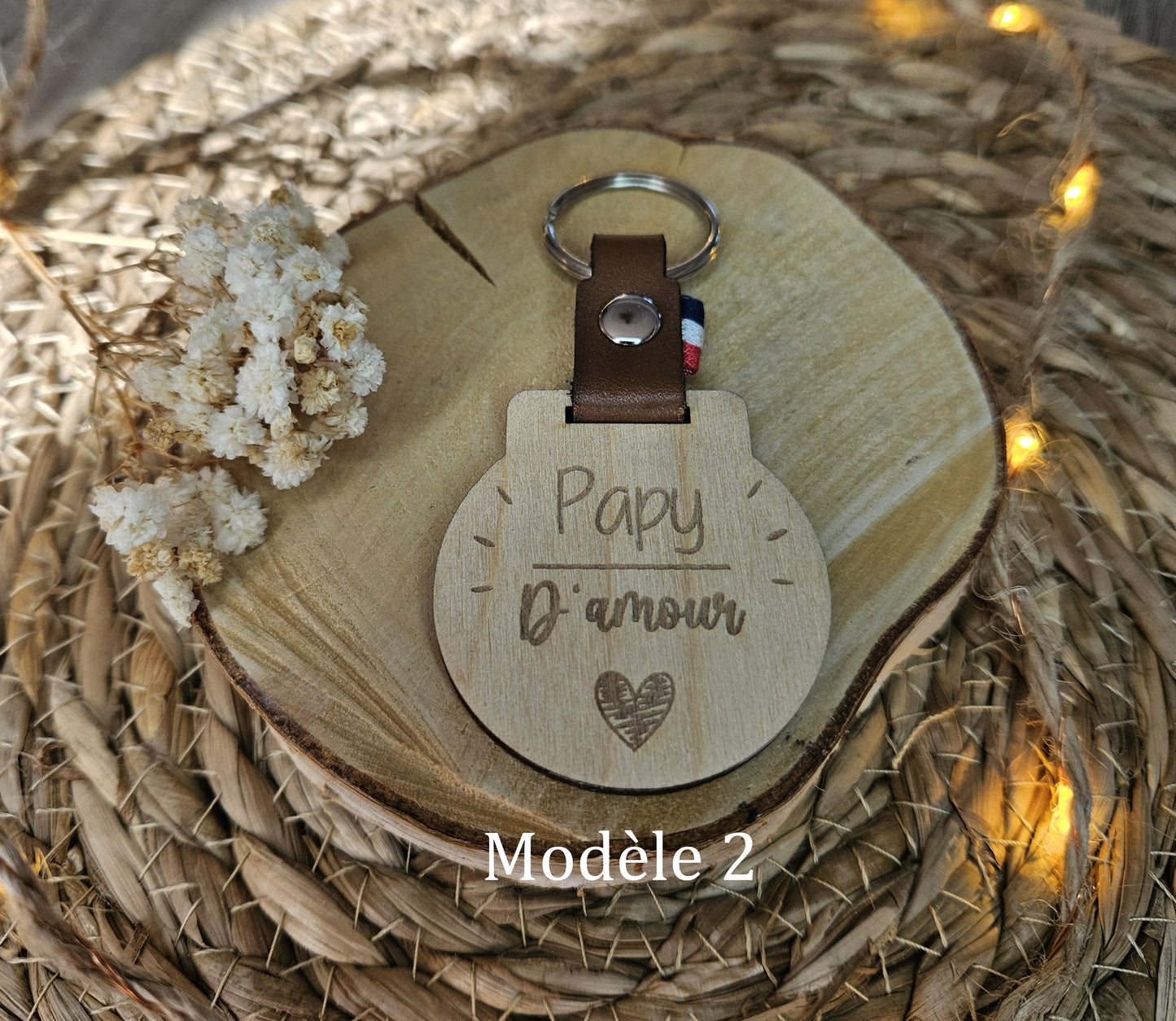 Porte-clés papy personnalisable bois et cuir