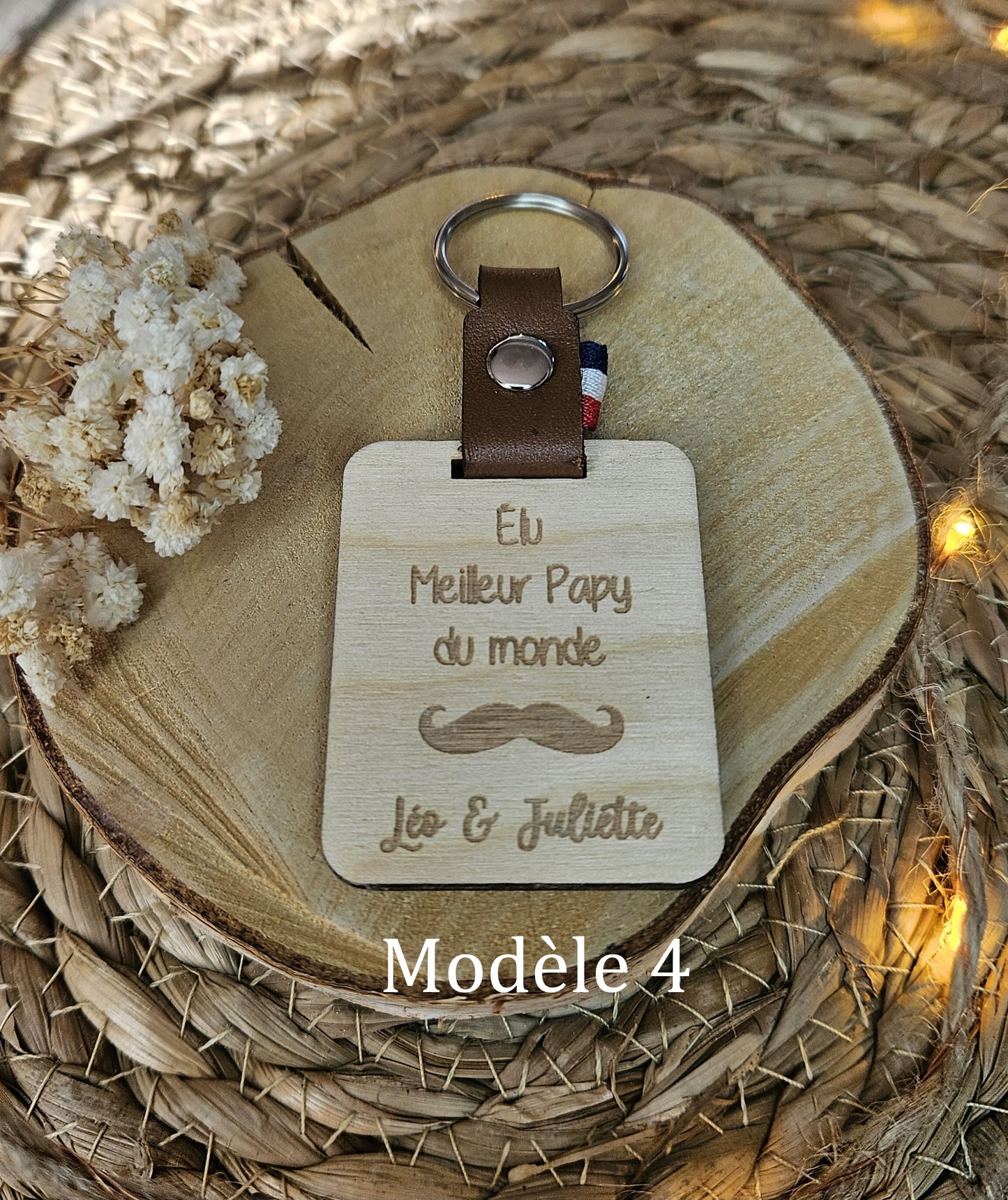 Porte-clés papy personnalisable bois et cuir