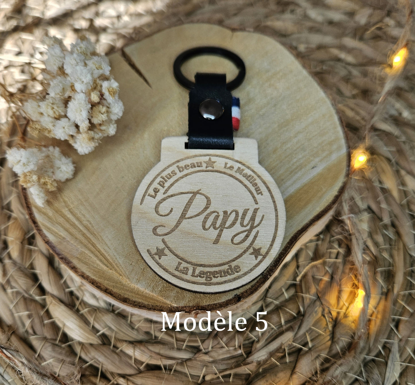 Porte-clés papy personnalisable bois et cuir