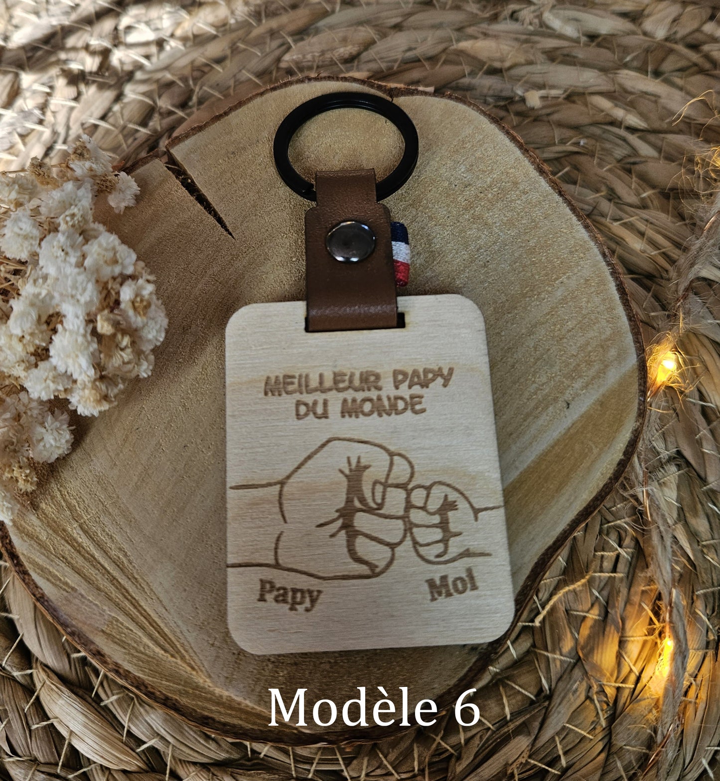 Porte-clés papy personnalisable bois et cuir