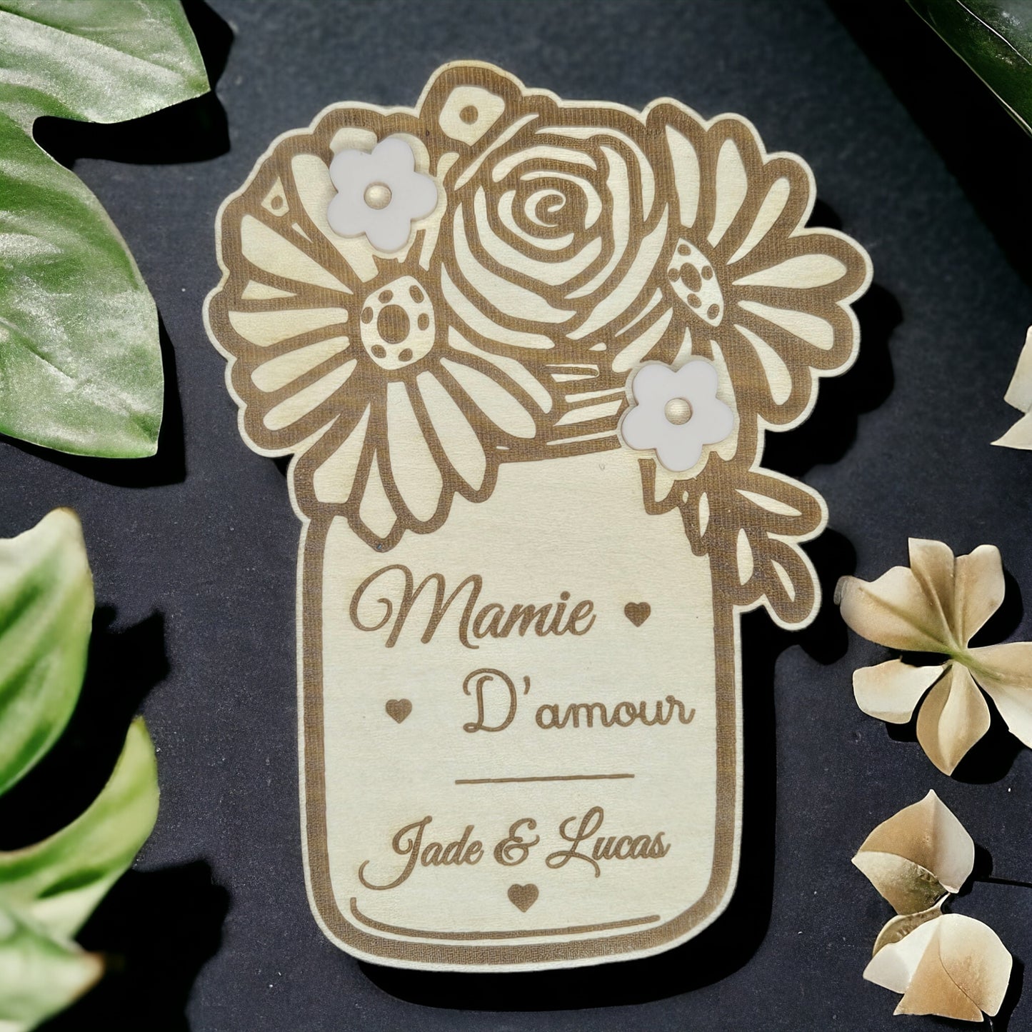 Bouquet de fleurs Magnet personnalisé en bois (Fête des Mères, Grands-mères, Tata, Nounou, Maîtresse ...)