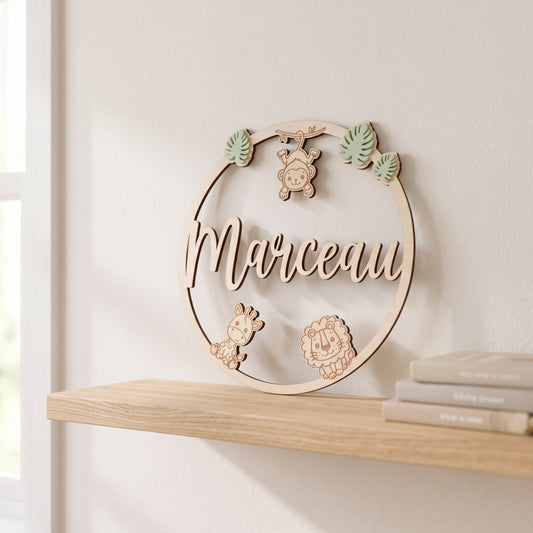 Plaque prénom en bois jungle • Déco chambre safari (20 cm)