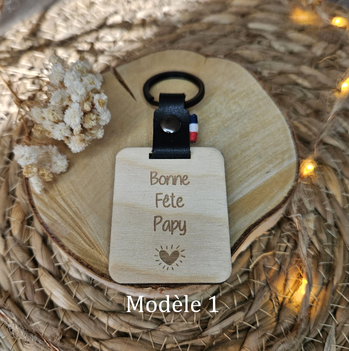Porte-clés papy personnalisable bois et cuir
