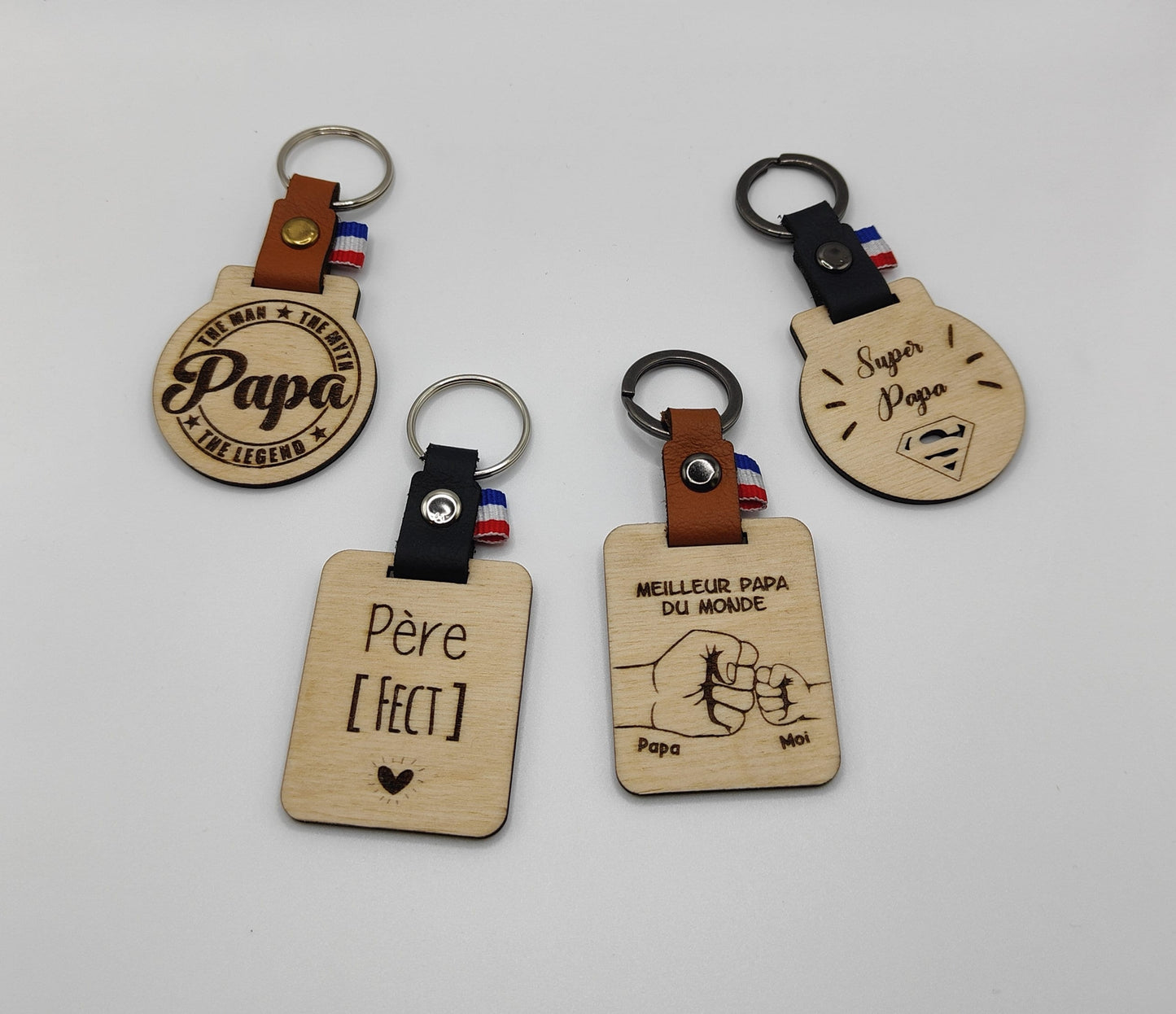 Porte-clés personnalisable bois et cuir (Papa, Parrain, Tonton ...)