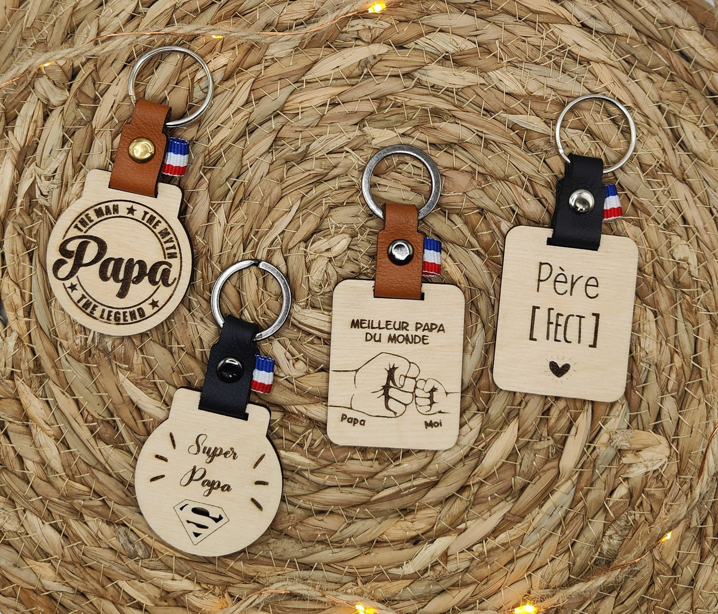Porte-clés personnalisable bois et cuir (Papa, Parrain, Tonton ...)
