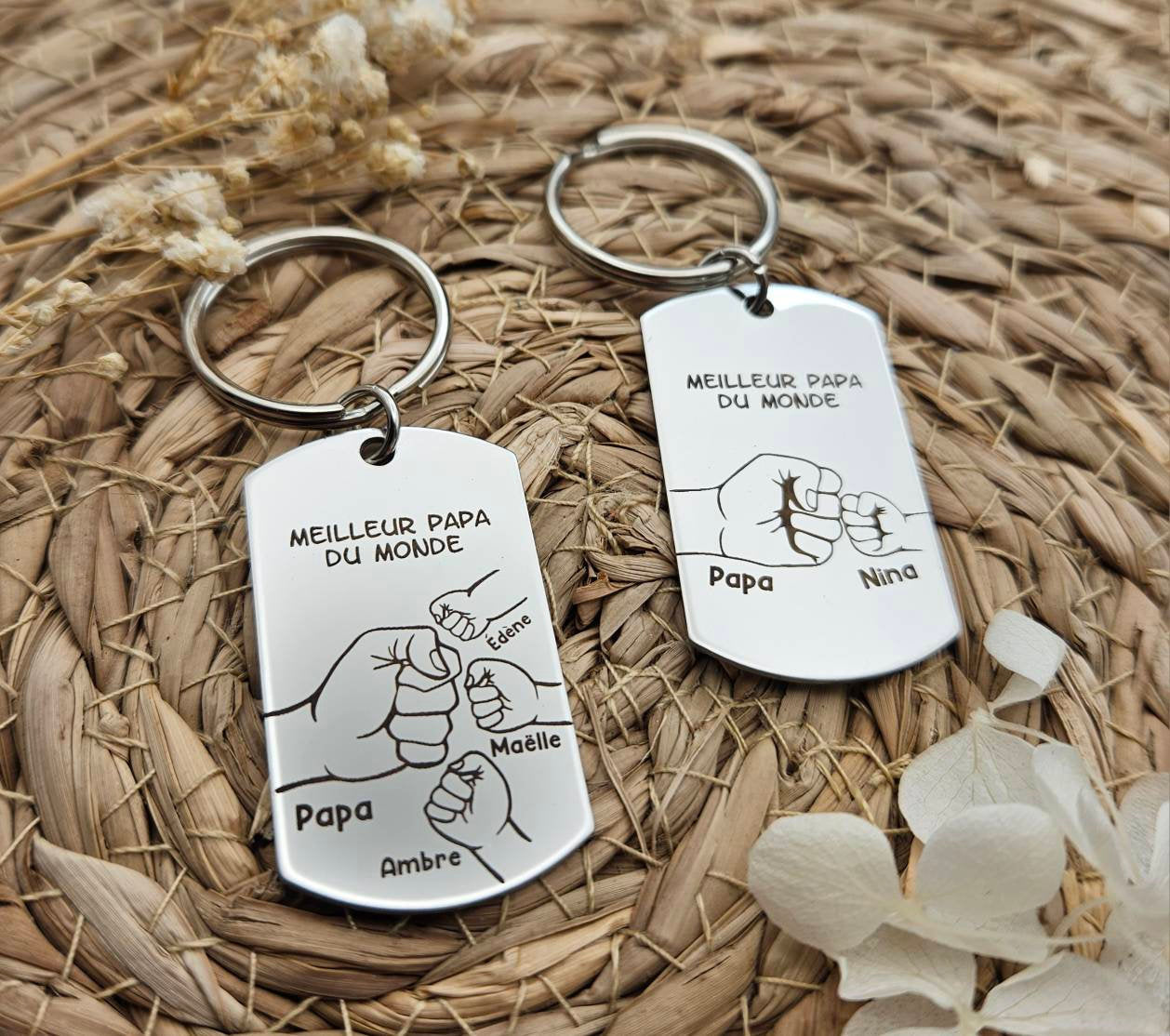 Porte-clés personnalisé – De 1 à 5 enfants avec prénoms gravés – Cadeau unique pour Papa, Papy, Parrain ou Tonton ...