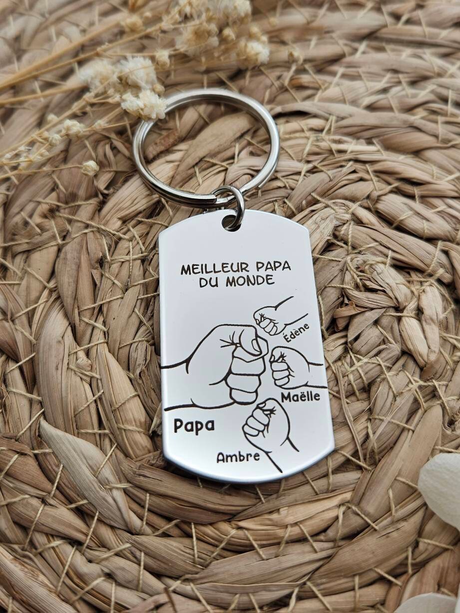 Porte-clés personnalisé – De 1 à 5 enfants avec prénoms gravés – Cadeau unique pour Papa, Papy, Parrain ou Tonton ...