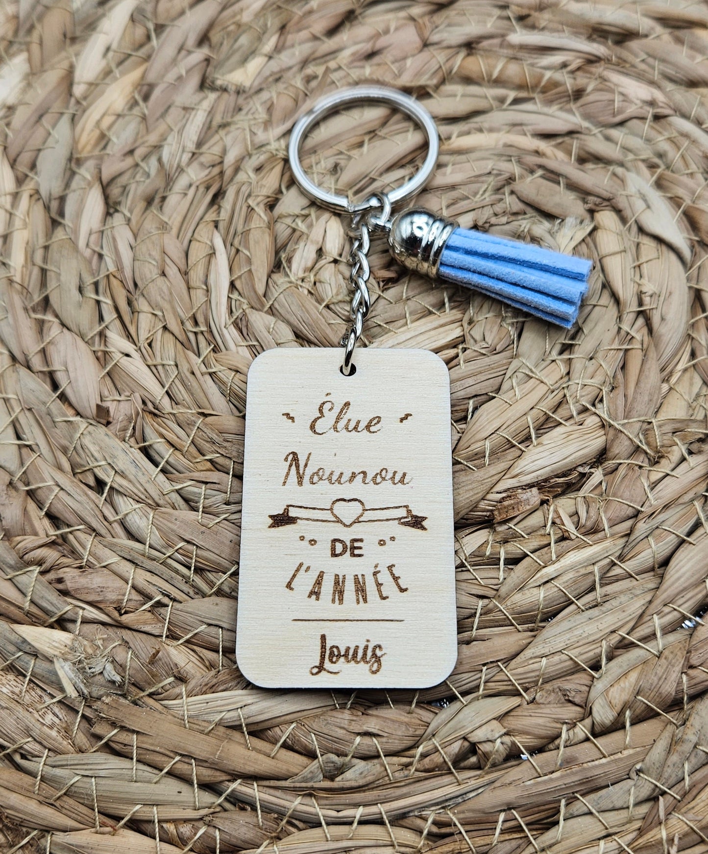 Porte-clés en bois personnalisé "Élu (Maîtresse, Nounou, Atsem ...) de l'année"
