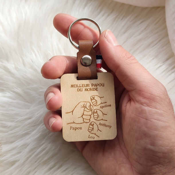 Porte-clés Personnalisé Bois et Cuir - Prénoms Gravés