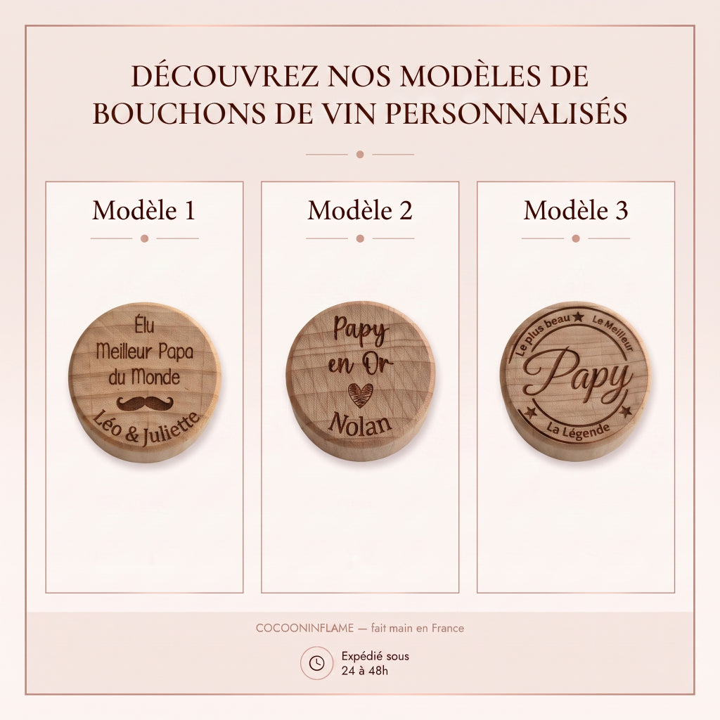 Bouchon de bouteille en bois personnalisé • Papa, Papy, Tonton