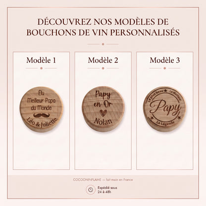Bouchon de bouteille en bois personnalisé • Papa, Papy, Tonton