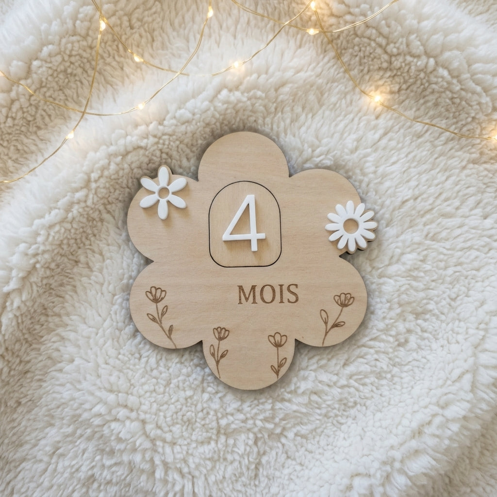 Cartes étapes bébé en bois et acrylique (motif fleur) • Souvenir de naissance