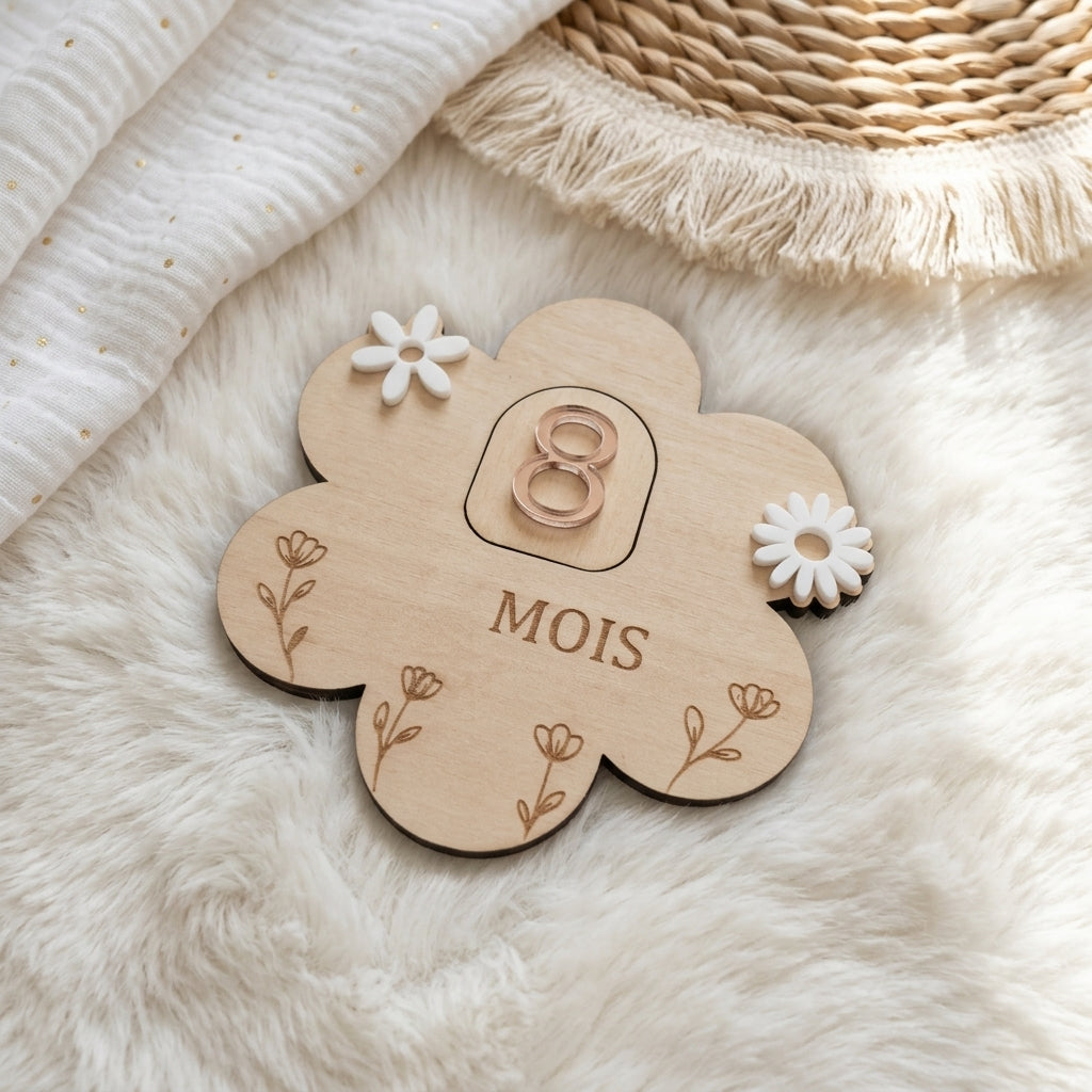 Cartes étapes bébé en bois et acrylique (motif fleur) • Souvenir de naissance