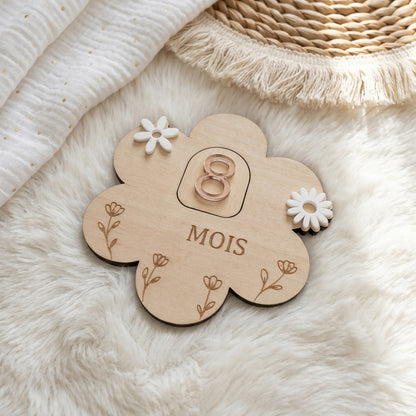 Cartes étapes bébé en bois et acrylique (motif fleur) • Souvenir de naissance
