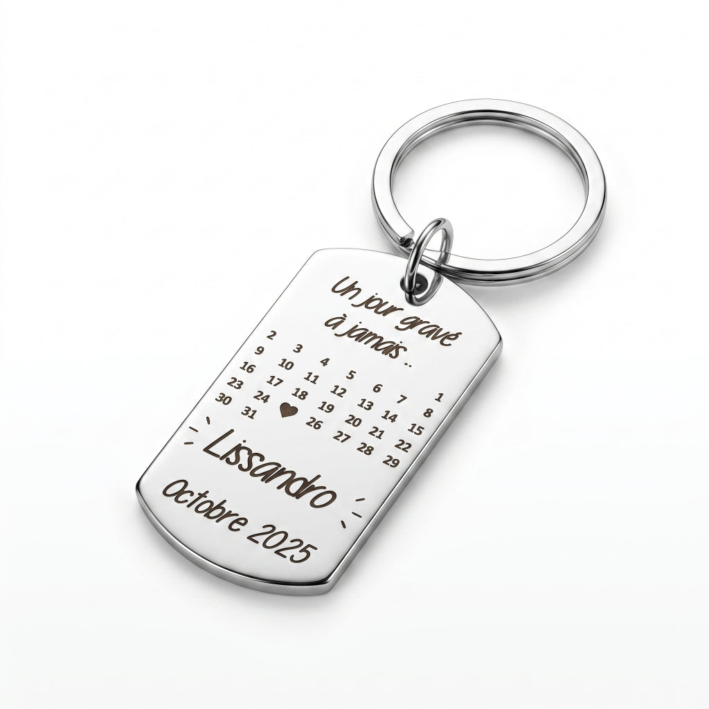 Porte-clés calendrier gravé en acier • Cadeau couple & date