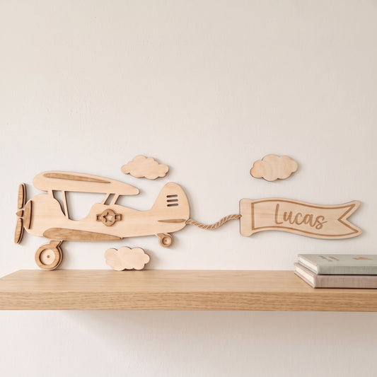 Avion rétro mural en bois personnalisé • Déco chambre enfant