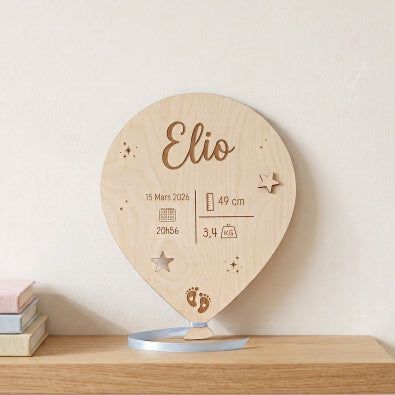 Plaque de naissance personnalisée en bois • Nuage & ballon