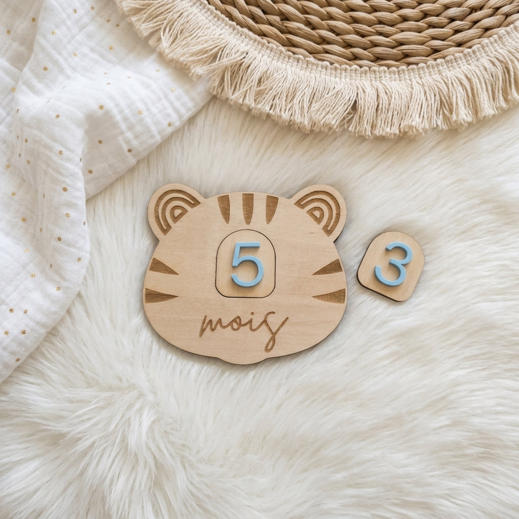 Cartes étapes bébé en bois et acrylique (motif tigre) • Souvenir de naissance