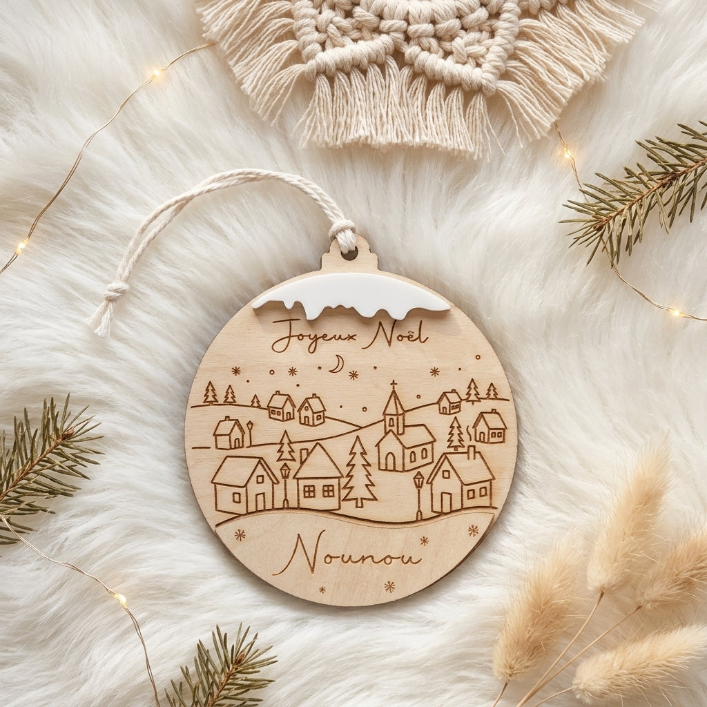 Boule de Noël personnalisée en bois • Village enneigé