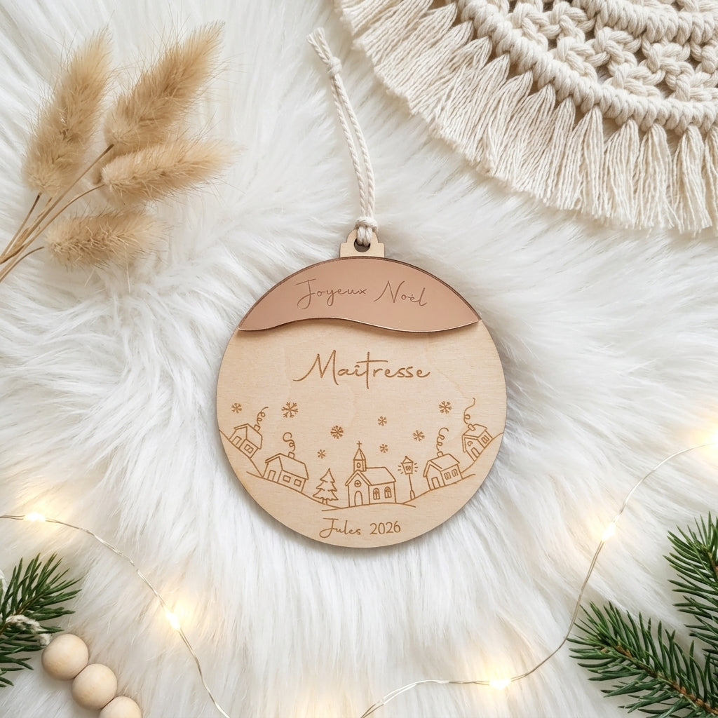 Boule de Noël personnalisée bois & miroir rose gold • Maîtresse, Nounou, Mamie