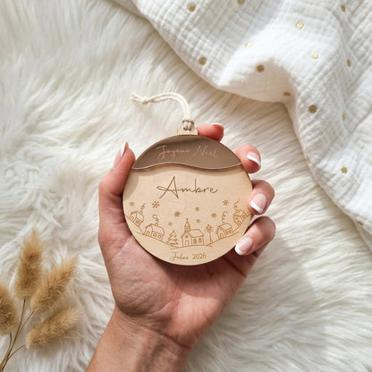 Boule de Noël personnalisée bois & miroir rose gold • Maîtresse, Nounou, Mamie