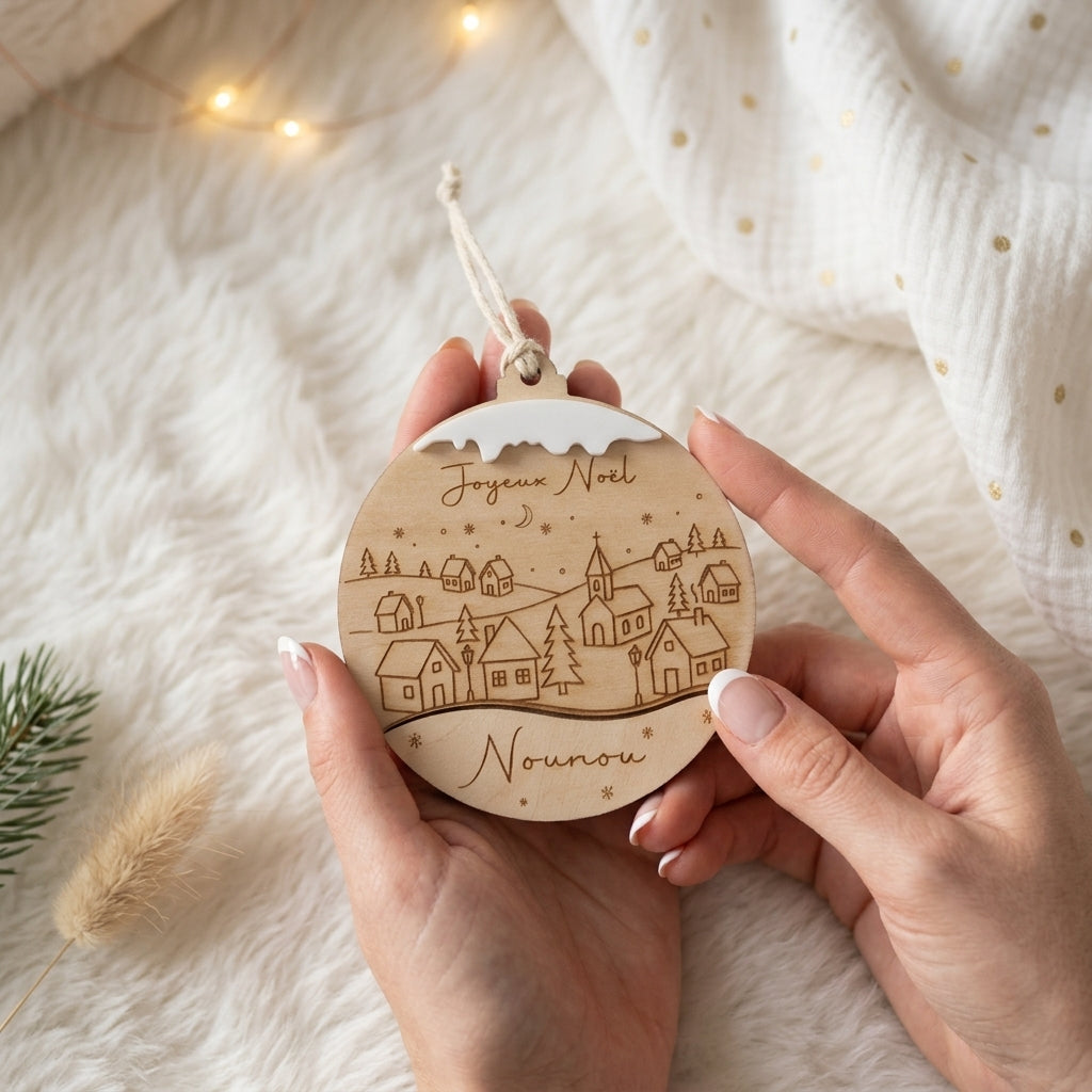 Boule de Noël personnalisée en bois • Village enneigé