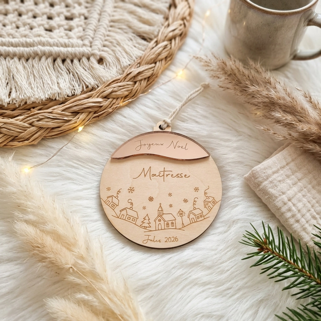 Boule de Noël personnalisée bois & miroir rose gold • Maîtresse, Nounou, Mamie