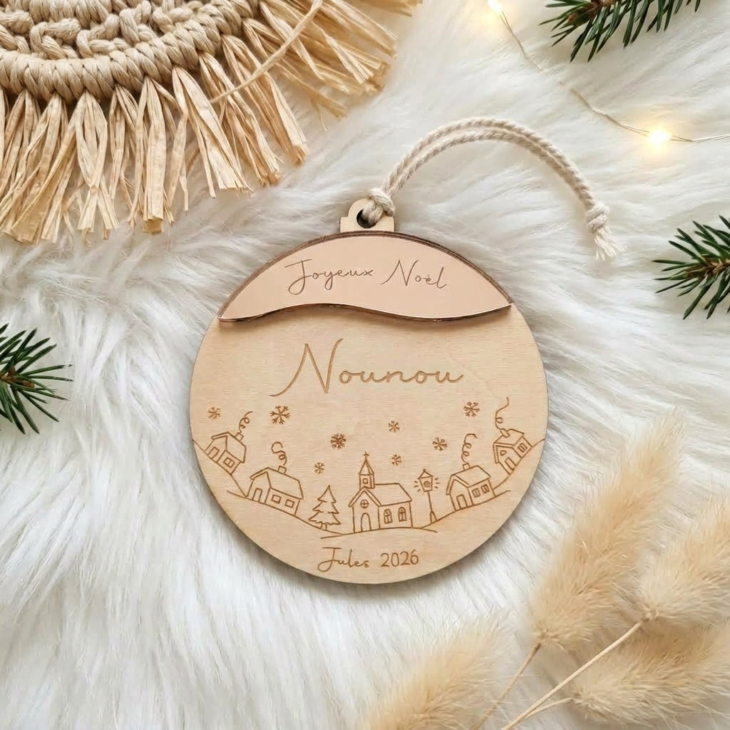 Boule de Noël personnalisée bois & miroir rose gold • Maîtresse, Nounou, Mamie