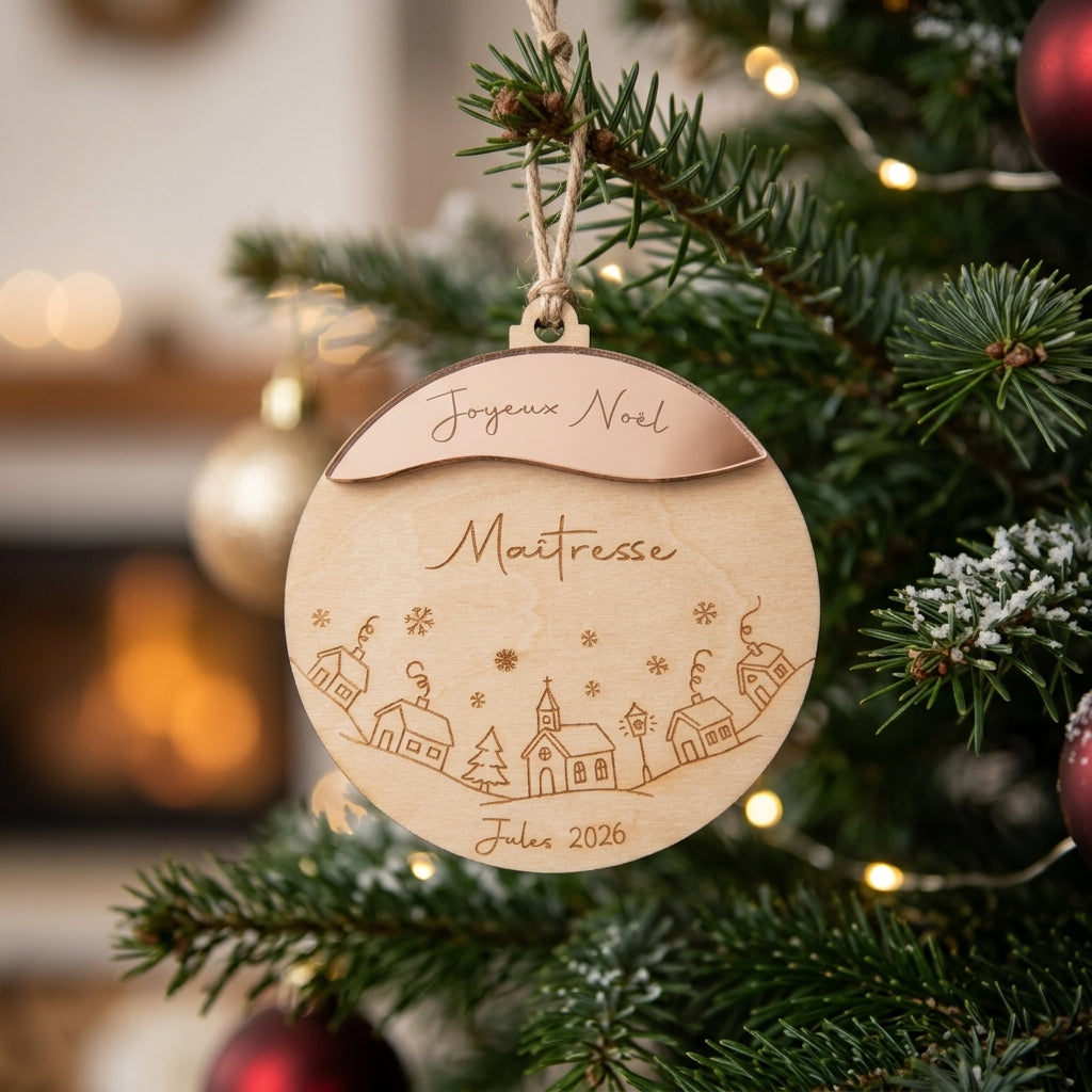 Boule de Noël personnalisée bois & miroir rose gold • Maîtresse, Nounou, Mamie