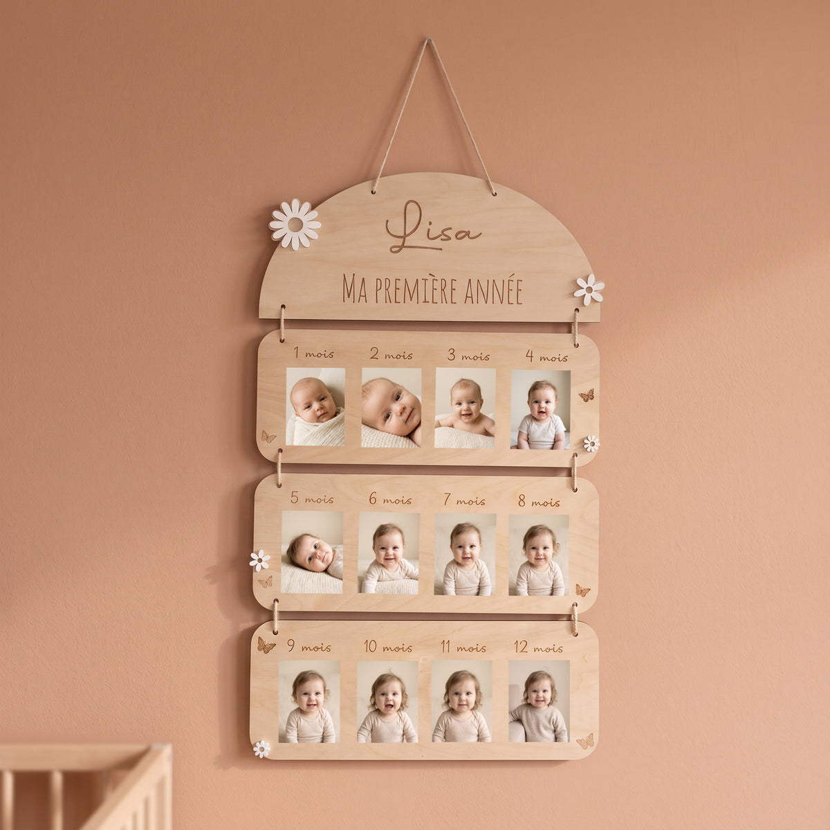 Cadre photo bébé personnalisé « Ma première année » • Motif Fleurs