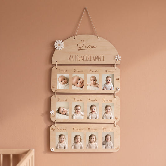 Cadre photo bébé personnalisé « Ma première année » • Motif Fleurs