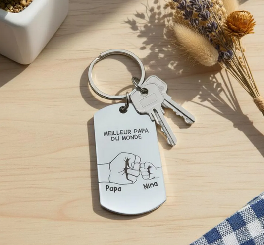 Porte-clés personnalisé – De 1 à 5 enfants avec prénoms gravés – Cadeau unique pour Papa, Papy, Parrain ou Tonton ...