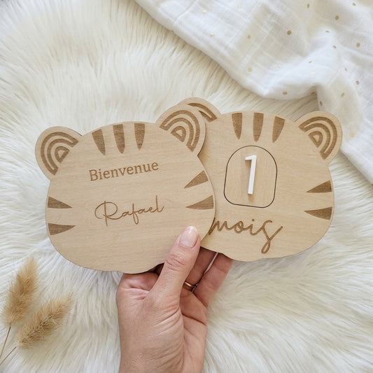Cartes étapes bébé en bois et acrylique (motif tigre) • Souvenir de naissance