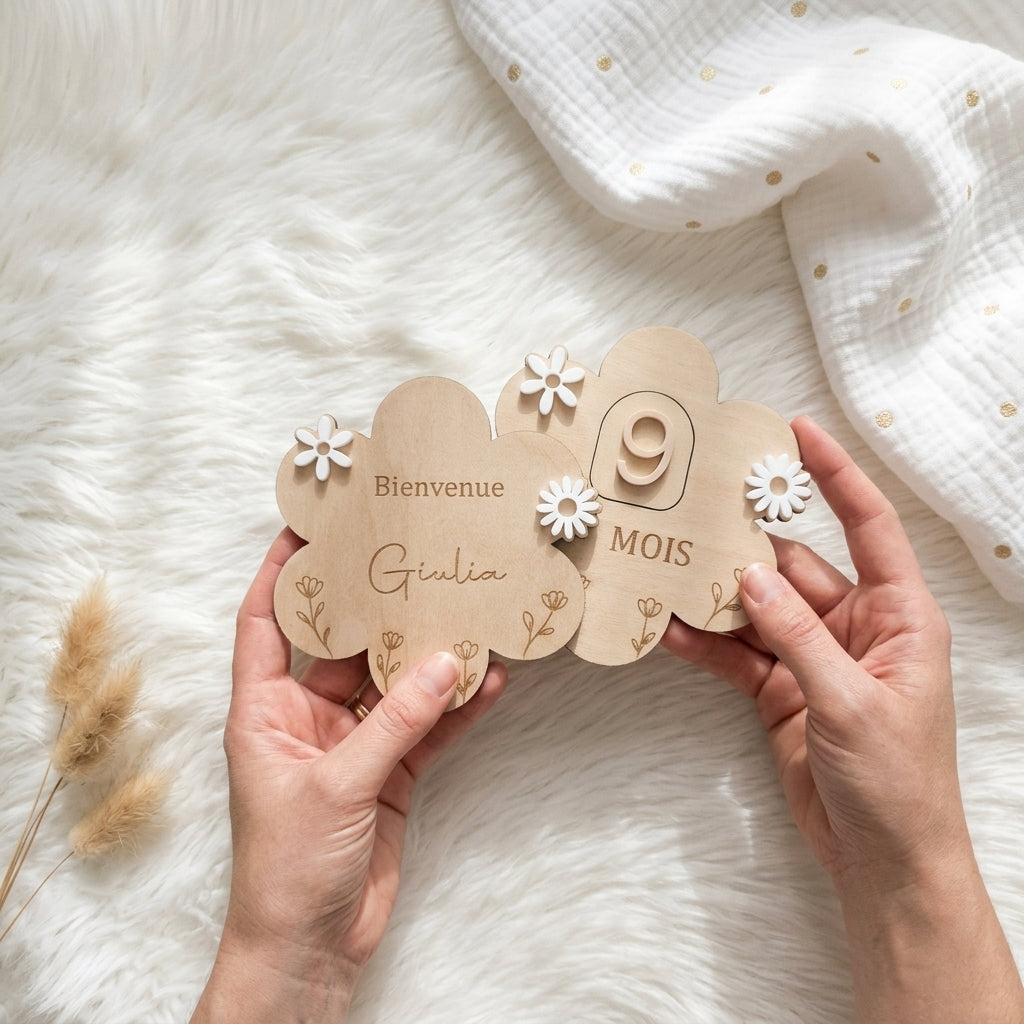 Cartes étapes bébé en bois et acrylique (motif fleur) • Souvenir de naissance