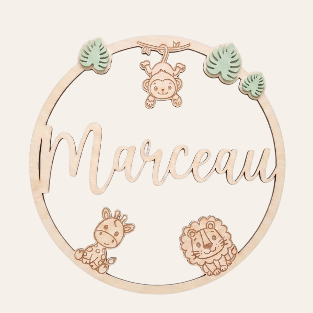 Plaque prénom en bois jungle • Déco chambre safari (20 cm)