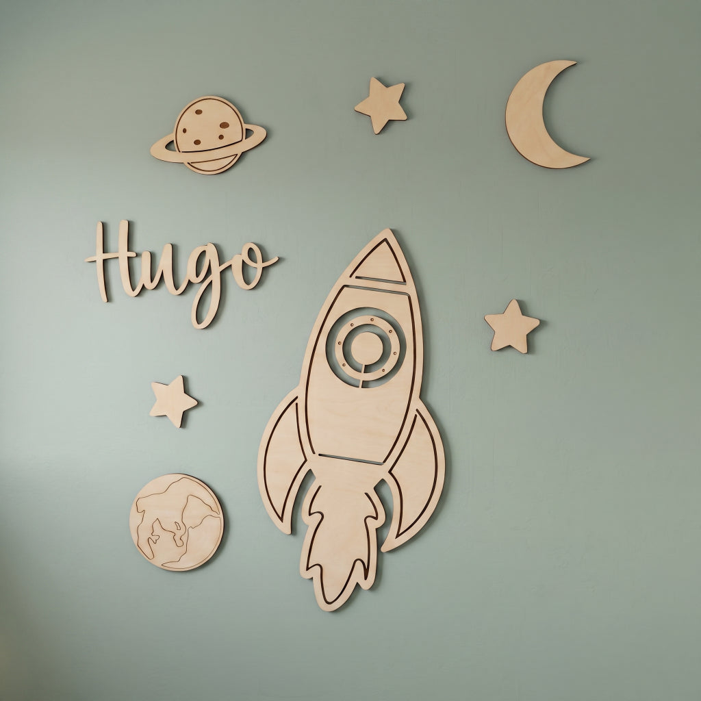Décoration murale espace en bois • Prénom personnalisé