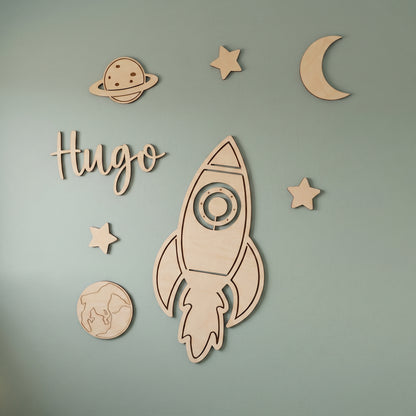 Décoration murale espace en bois • Prénom personnalisé