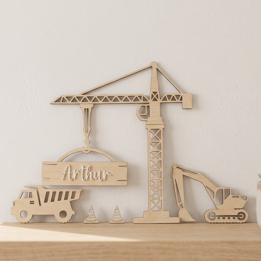 Kit de décoration murale chantier en bois • Prénom personnalisé