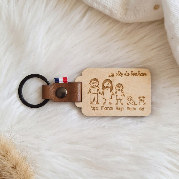 Porte-clés famille personnalisé bois & cuir • Prénoms
