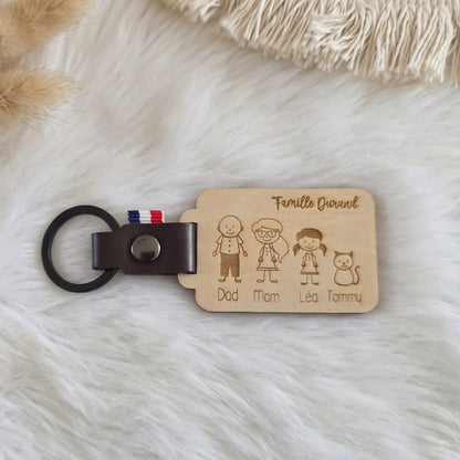 Porte-clés famille personnalisé bois & cuir • Prénoms