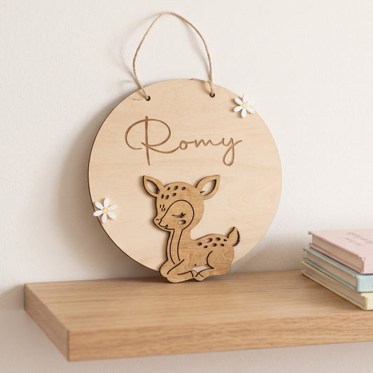 Plaque prénom faon en bois • Déco chambre fille