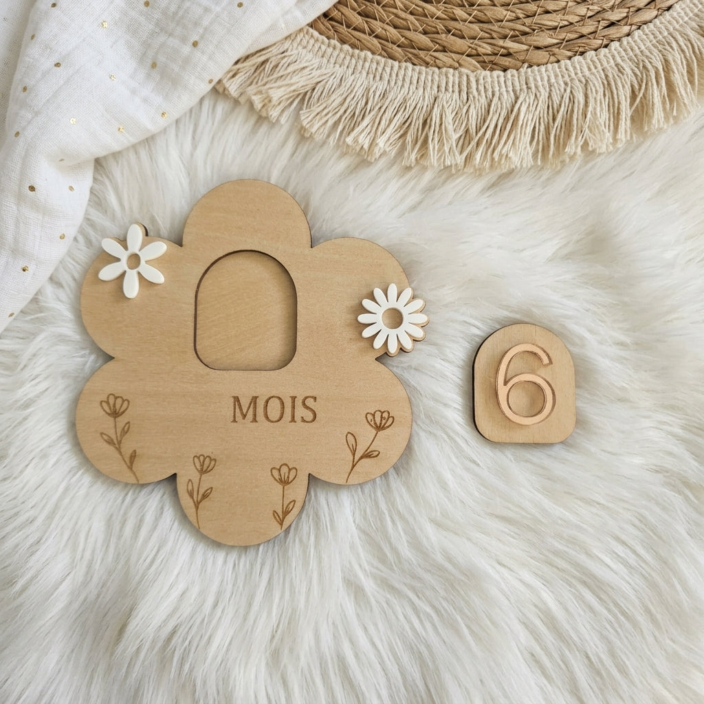 Cartes étapes bébé en bois et acrylique (motif fleur) • Souvenir de naissance