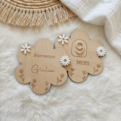 Cartes étapes bébé en bois et acrylique (motif fleur) • Souvenir de naissance
