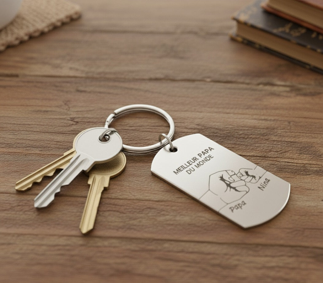 Porte-clés personnalisé – De 1 à 5 enfants avec prénoms gravés – Cadeau unique pour Papa, Papy, Parrain ou Tonton ...