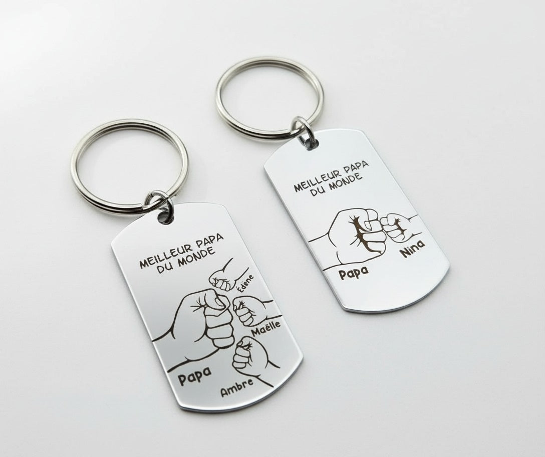 Porte-clés personnalisé – De 1 à 5 enfants avec prénoms gravés – Cadeau unique pour Papa, Papy, Parrain ou Tonton ...