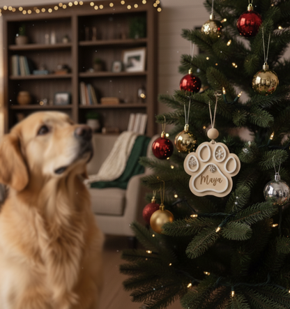 Ornement de Noël patte personnalisée bois • Chien & Chat