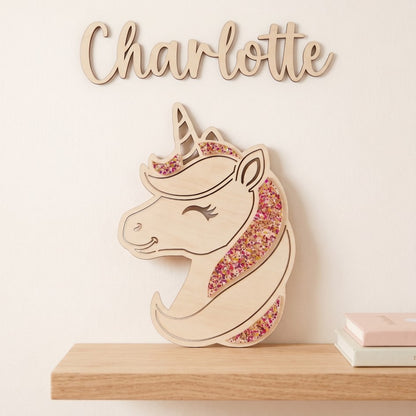 Décoration murale licorne en bois • Prénom personnalisée