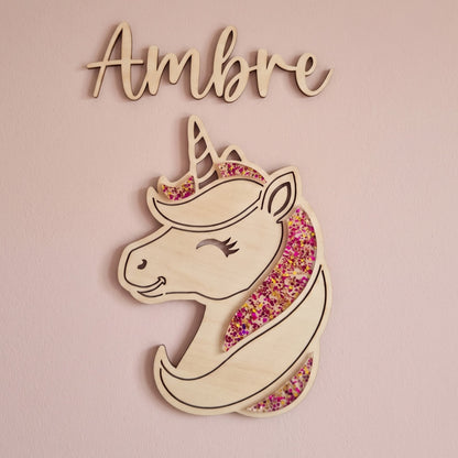 Décoration murale licorne en bois • Prénom personnalisée