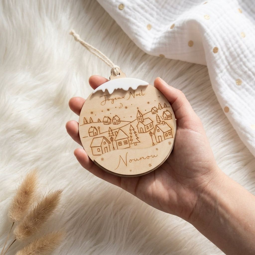 Boule de Noël personnalisée en bois • Village enneigé